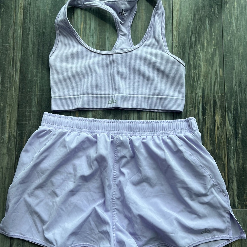 ALO Yoga Women's Lavender Sports Bra and Shorts Set